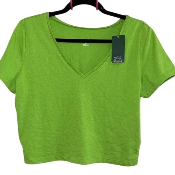 Wild Fable Green V-Neck Crop Top XXL Soft Stretch Cotton Blend Short Sleeve - Picture 1 of 6